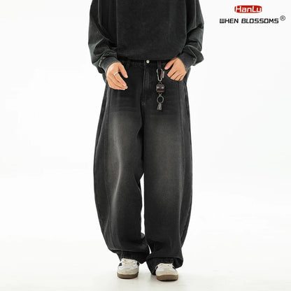 HANLU 2025 Spring New! Men's Retro Washed Oversized Jeans, Split Structure Curved Trousers from Trendy Brand, Loose and Stylish