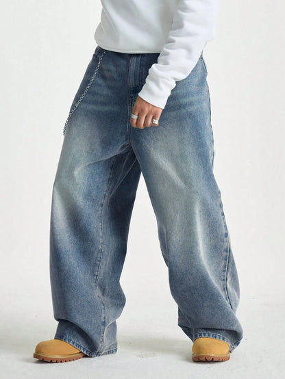 1Pc Men's Wide Pants Brushed Jeans Wide Jeans Y2K New Rocks Jeans Buggy Black Hip-Hop Pants