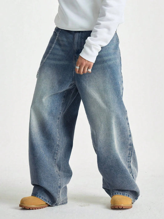 1Pc Men's Wide Pants Brushed Jeans Wide Jeans Y2K New Rocks Jeans Buggy Black Hip-Hop Pants