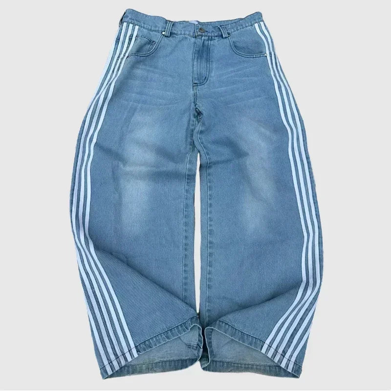 New Y2K Jeans Baggy High Quality Embroidered Striped Harajuku Sweatpants Hip Hop Streetwear  Casual Wide Leg Denim Pants Aura
