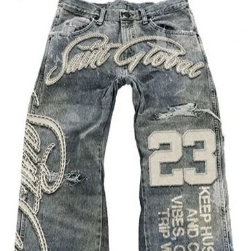 Streetwear Vintage Blue Jeans Y2K Clothes Men Hip Hop Letter Patch Embroidery Vintage Blue Baggy Jeans Mid Rise Wide Leg Trouser