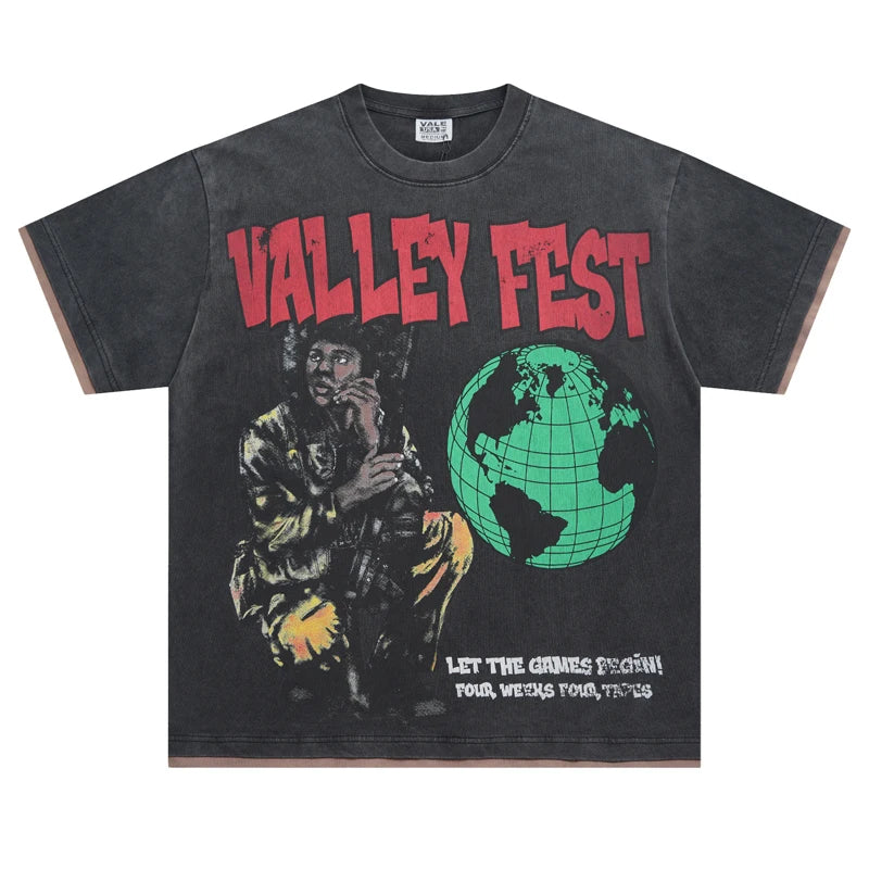 25SS Summer New VALLEY T-shirt Hip Hop Rock Singer Portrait Print Hot Drill Letter Retro Short Sleeve Vale Top Tee Men Women