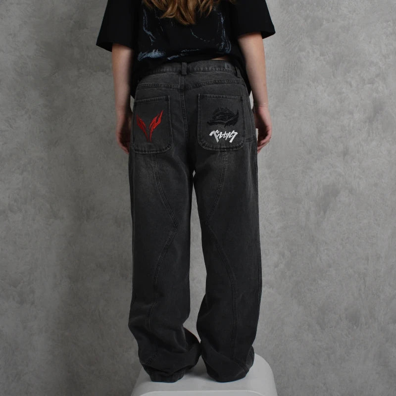 Berserk jeans fashionable Y2K baggy men pants American style distressed washed streetwear Harajuku Gothic embroidery floor pants