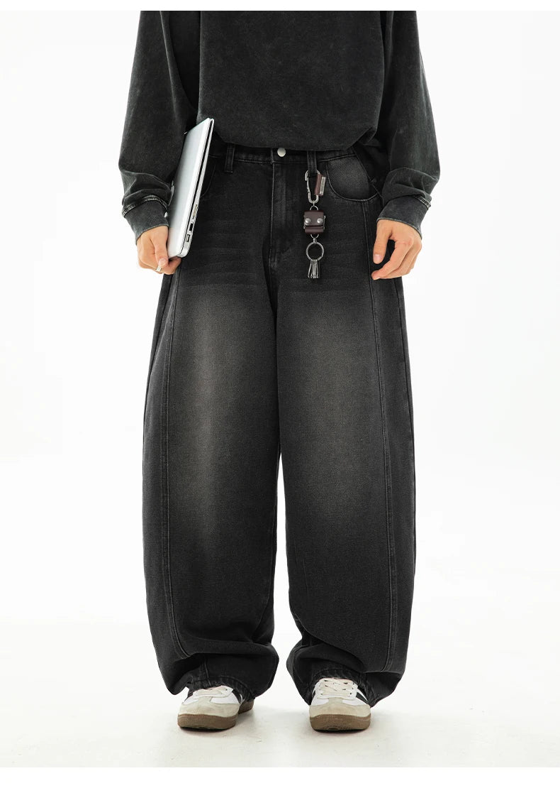 HANLU 2025 Spring New! Men's Retro Washed Oversized Jeans, Split Structure Curved Trousers from Trendy Brand, Loose and Stylish