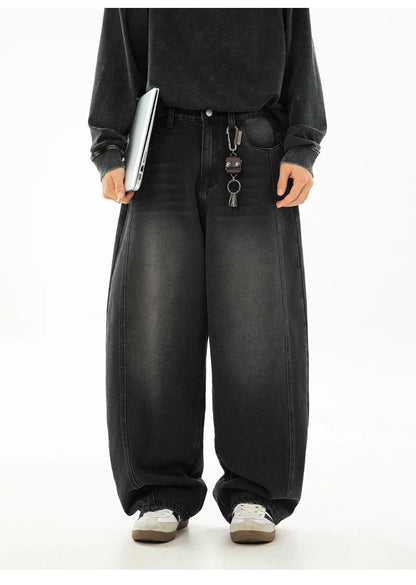 HANLU 2025 Spring New! Men's Retro Washed Oversized Jeans, Split Structure Curved Trousers from Trendy Brand, Loose and Stylish