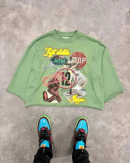 Y2K Harajuku Hip Hop Character Graphic Printed Seven Quarter Sleeves Tops Gothic Retro Dark Green T Shirt Mens Womens Clothing