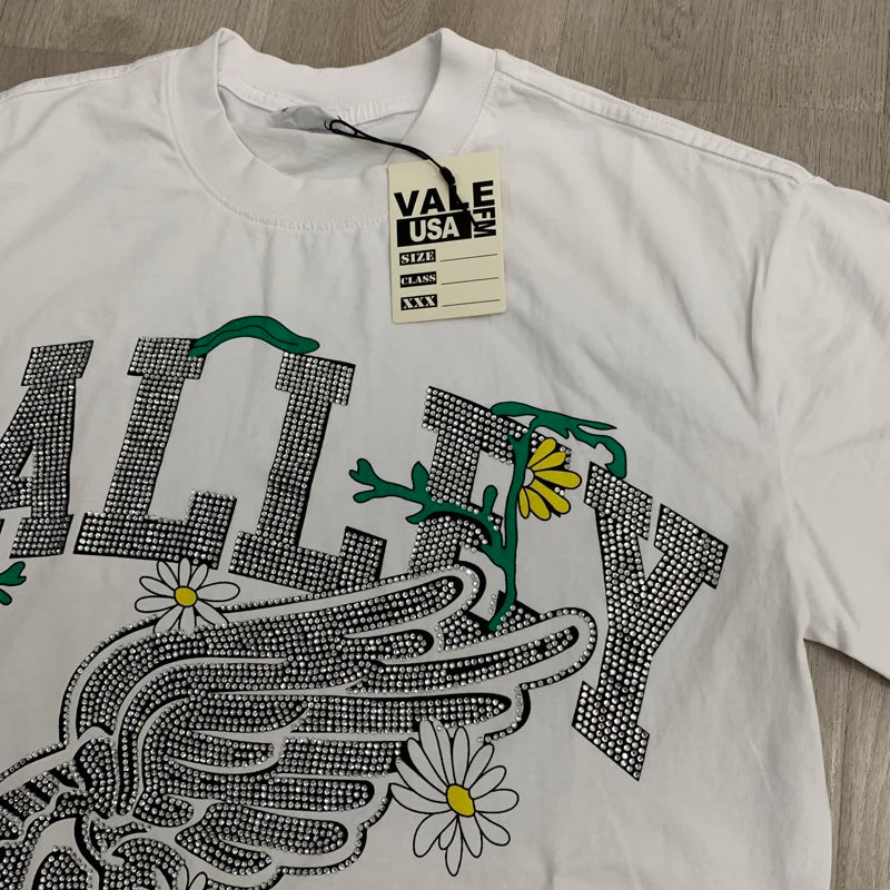 25SS Summer New VALLEY T-shirt Hip Hop Rock Singer Portrait Print Hot Drill Letter Retro Short Sleeve Vale Top Tee Men Women