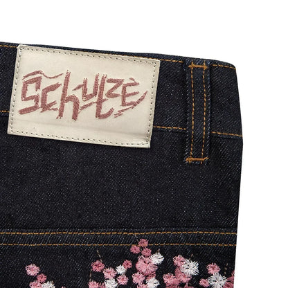 Y2K Baggy jeans Cherry Blossom Selvedge Embroidery Denim Pants men women denim fabric American Hiphop Streetwear Wide Leg Jeans