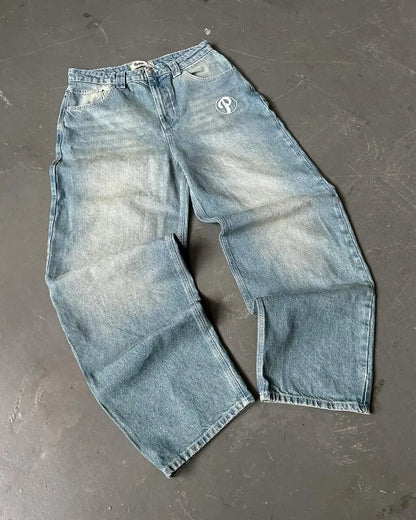PROTECT Streetwear Jeans Y2K mens Jeans Harajuku Hip Hop Letter Embroidery Vintage Blue Baggy Pants High Waist Wide Leg Trouser