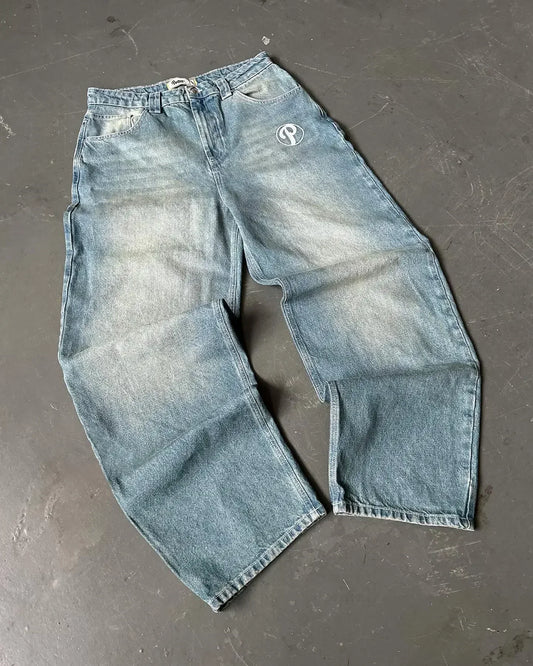 PROTECT Streetwear Jeans Y2K mens Jeans Harajuku Hip Hop Letter Embroidery Vintage Blue Baggy Pants High Waist Wide Leg Trouser