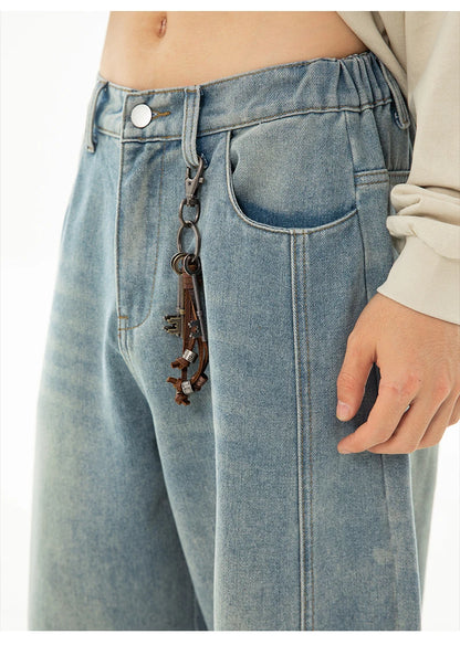 HANLU 2025 Spring New! Men's Retro Washed Oversized Jeans, Split Structure Curved Trousers from Trendy Brand, Loose and Stylish