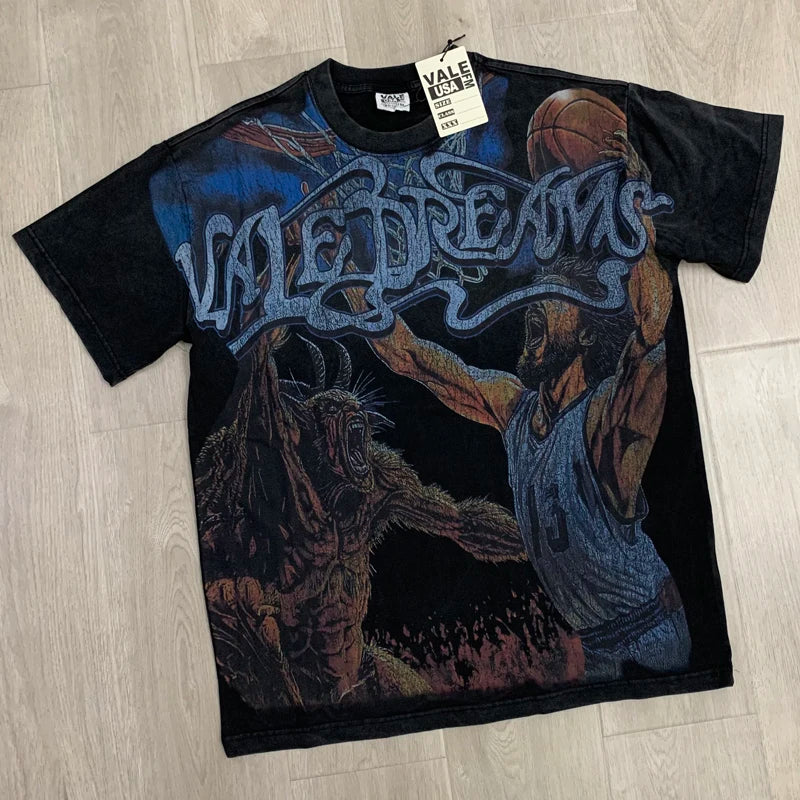 25SS Summer New VALLEY T-shirt Hip Hop Rock Singer Portrait Print Hot Drill Letter Retro Short Sleeve Vale Top Tee Men Women