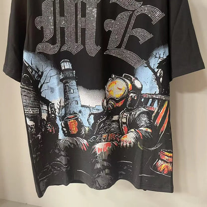 2025 Mixed Emotion Letter Rhinestone Short Sleeve Men Tshirts Streetwear Cotton Loose Crew Neck Top Tees Oversized