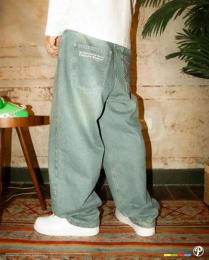 PROTECT Streetwear Jeans Y2K mens Jeans Harajuku Hip Hop Letter Embroidery Vintage Blue Baggy Pants High Waist Wide Leg Trouser