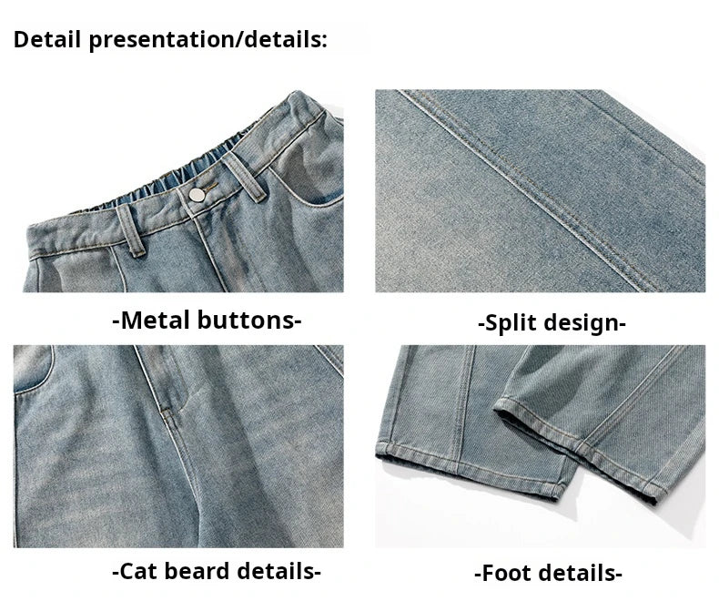 HANLU 2025 Spring New! Men's Retro Washed Oversized Jeans, Split Structure Curved Trousers from Trendy Brand, Loose and Stylish