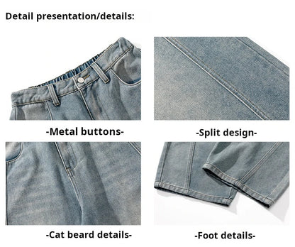HANLU 2025 Spring New! Men's Retro Washed Oversized Jeans, Split Structure Curved Trousers from Trendy Brand, Loose and Stylish