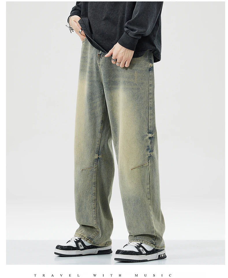 Men Women's Micro Flared Straight Leg Spring Summer American Style 2025 Clean Fit Distressed Washing Rustic Blue Versatile Jeans