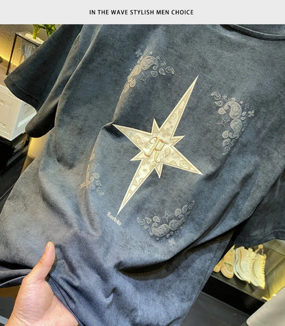 2024Summer new light luxurytt-shirt men's short-sleeved fashionable embroidered high-end loose large size casual high-density ha