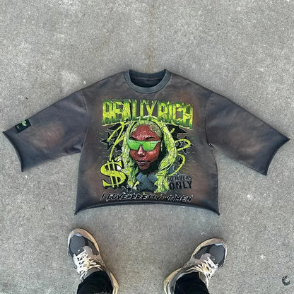 Y2K Harajuku Hip Hop Character Graphic Printed Seven Quarter Sleeves Tops Gothic Retro Dark Green T Shirt Mens Womens Clothing