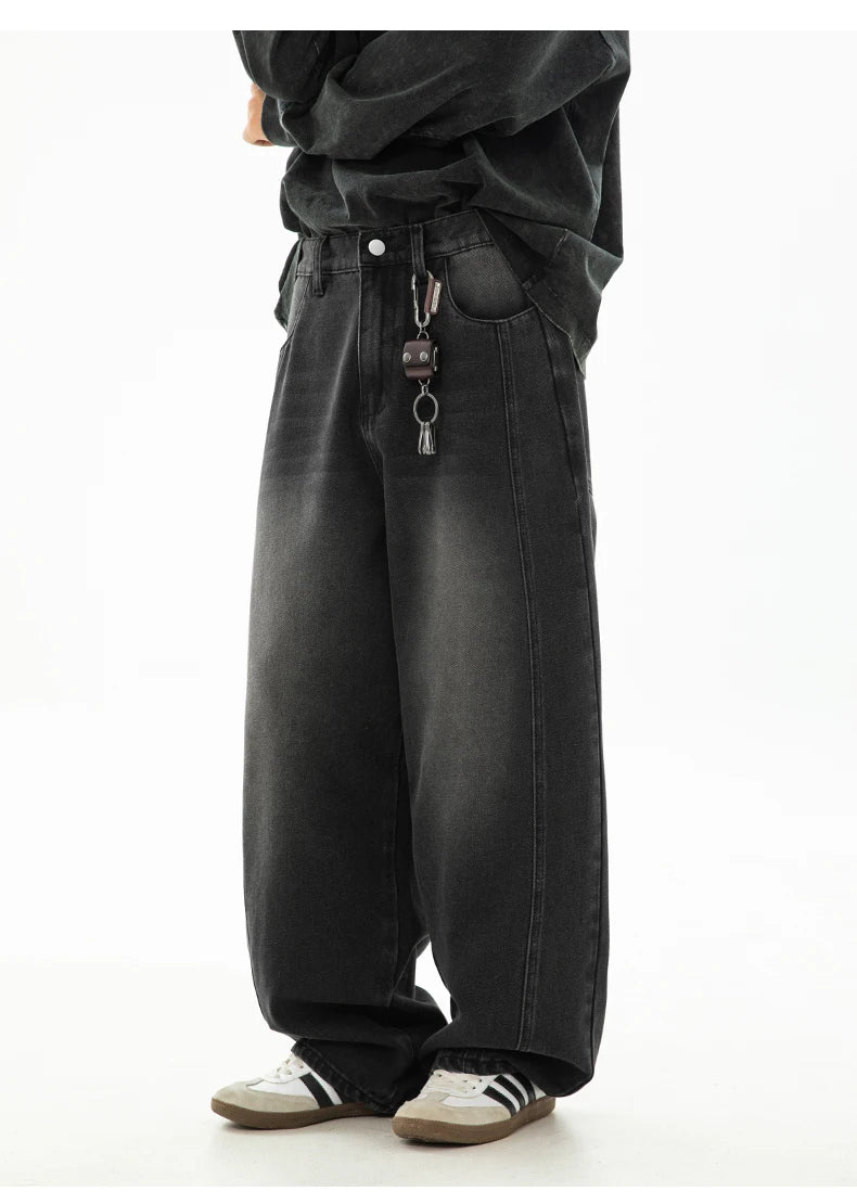 HANLU 2025 Spring New! Men's Retro Washed Oversized Jeans, Split Structure Curved Trousers from Trendy Brand, Loose and Stylish