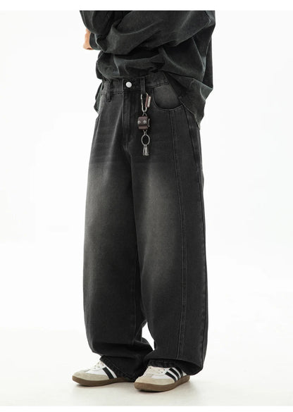 HANLU 2025 Spring New! Men's Retro Washed Oversized Jeans, Split Structure Curved Trousers from Trendy Brand, Loose and Stylish