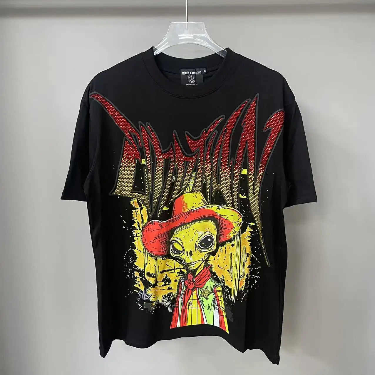 2025 Mixed Emotion Letter Rhinestone Short Sleeve Men Tshirts Streetwear Cotton Loose Crew Neck Top Tees Oversized