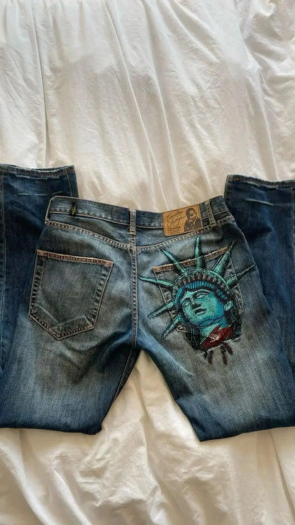 Vintage 2000s Lightning Skull Jeans Man Casual Denim Goth Pants Wide Leg Jeans Harajuku Y2k American High Street Men Clothing