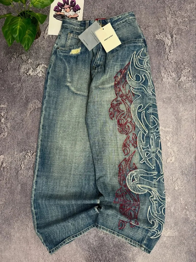 Y2K Street Retro Jeans Women Mottled Totem Print Loose Pants Fashion Hip Hop Trend Loose Couple American Straight Wide Leg Pants