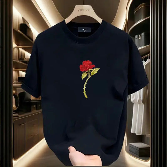 New Pure Cotton Short-sleeved Men's Versatile Printed Rose Base Shirt T Couple's High-end Top