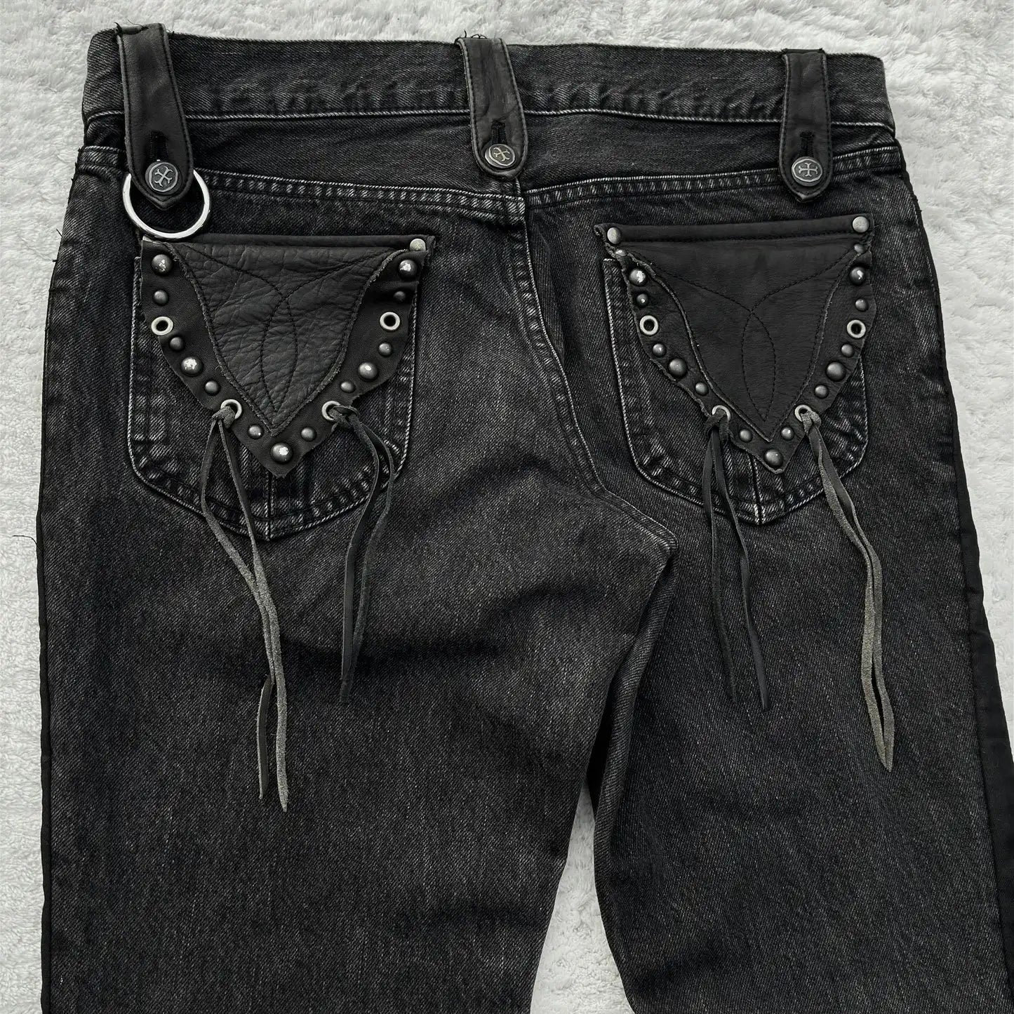 Y2K Black Washed Denim Pants Vintage Cross Leather Detail Micro Flared Jeans Punk High Street Western Cowboy Unisex Streetwear