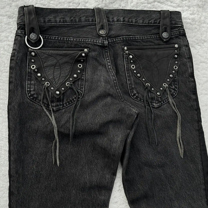 Y2K Black Washed Denim Pants Vintage Cross Leather Detail Micro Flared Jeans Punk High Street Western Cowboy Unisex Streetwear