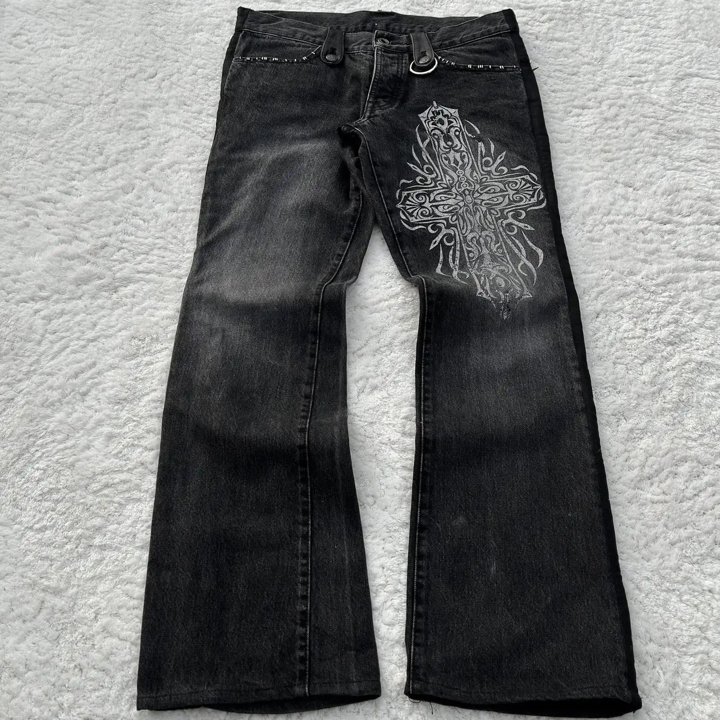 Y2K Black Washed Denim Pants Vintage Cross Leather Detail Micro Flared Jeans Punk High Street Western Cowboy Unisex Streetwear
