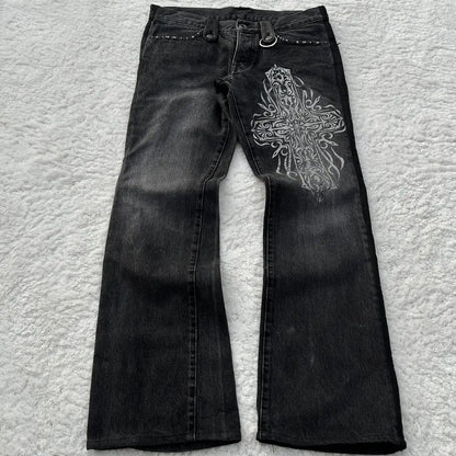 Y2K Black Washed Denim Pants Vintage Cross Leather Detail Micro Flared Jeans Punk High Street Western Cowboy Unisex Streetwear