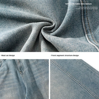 HANLU 2025 Spring New! Men's Retro Washed Oversized Jeans, Split Structure Curved Trousers from Trendy Brand, Loose and Stylish