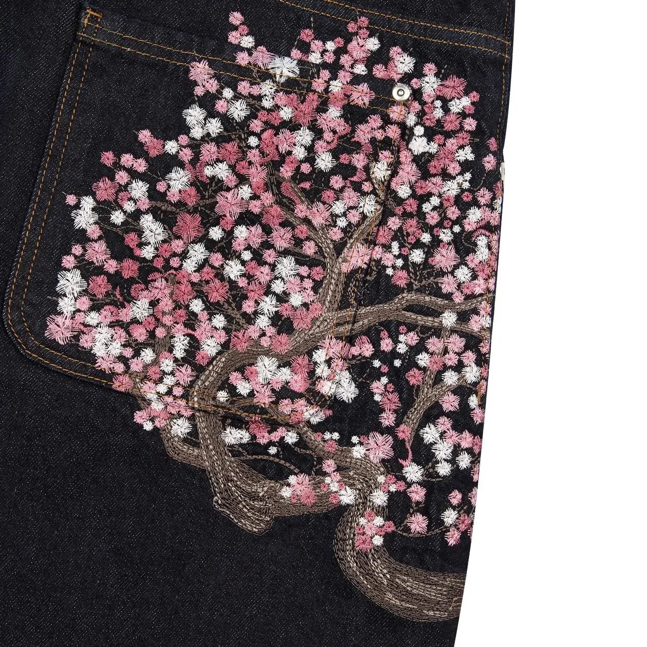 Y2K Baggy jeans Cherry Blossom Selvedge Embroidery Denim Pants men women denim fabric American Hiphop Streetwear Wide Leg Jeans