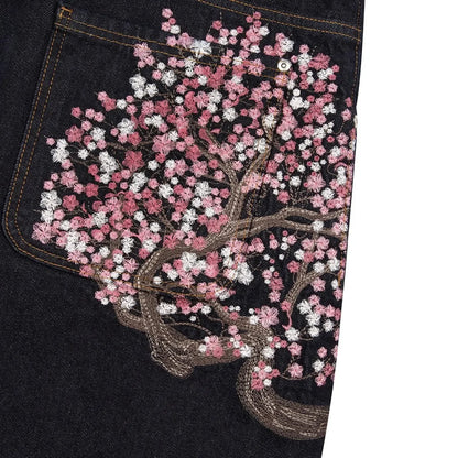 Y2K Baggy jeans Cherry Blossom Selvedge Embroidery Denim Pants men women denim fabric American Hiphop Streetwear Wide Leg Jeans