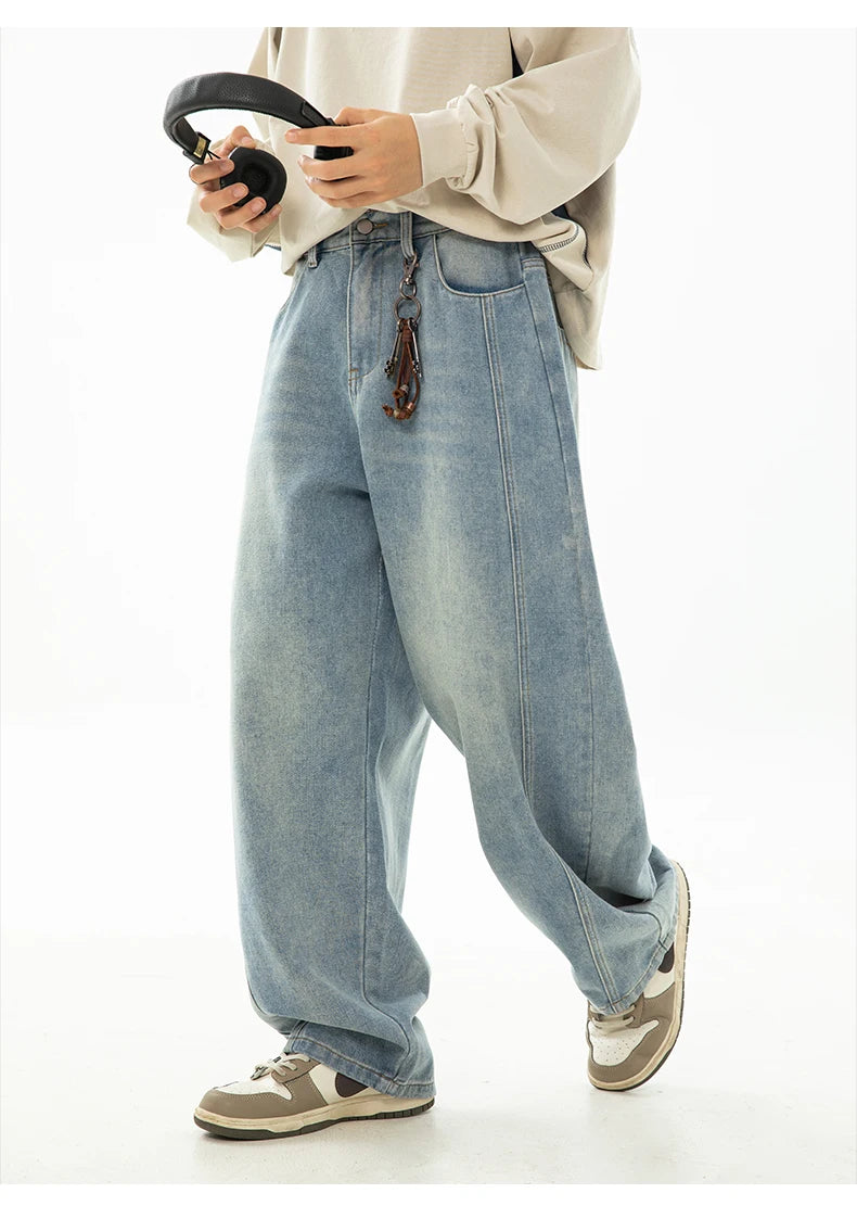 HANLU 2025 Spring New! Men's Retro Washed Oversized Jeans, Split Structure Curved Trousers from Trendy Brand, Loose and Stylish