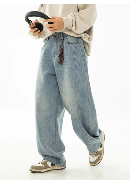 HANLU 2025 Spring New! Men's Retro Washed Oversized Jeans, Split Structure Curved Trousers from Trendy Brand, Loose and Stylish