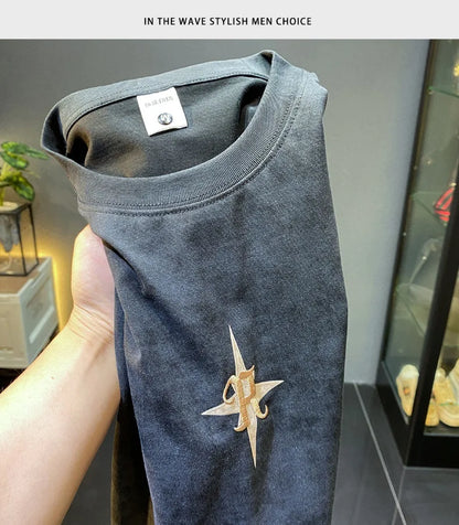 2024Summer new light luxurytt-shirt men's short-sleeved fashionable embroidered high-end loose large size casual high-density ha