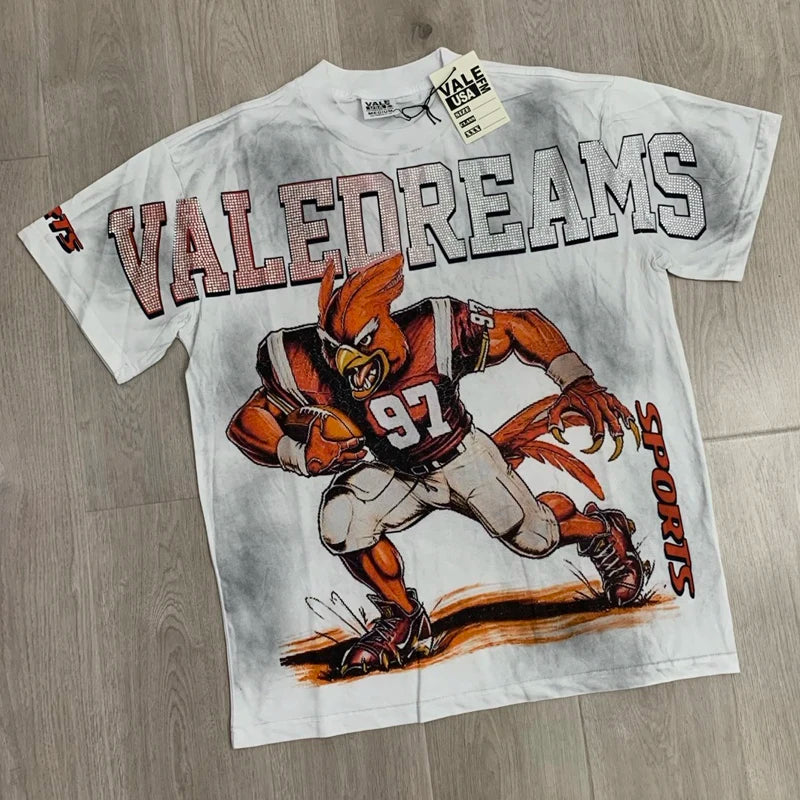 25SS Summer New VALLEY T-shirt Hip Hop Rock Singer Portrait Print Hot Drill Letter Retro Short Sleeve Vale Top Tee Men Women
