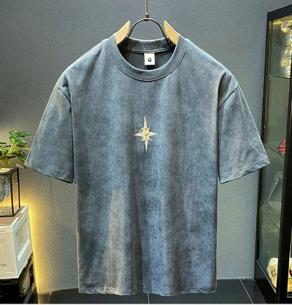 2024Summer new light luxurytt-shirt men's short-sleeved fashionable embroidered high-end loose large size casual high-density ha