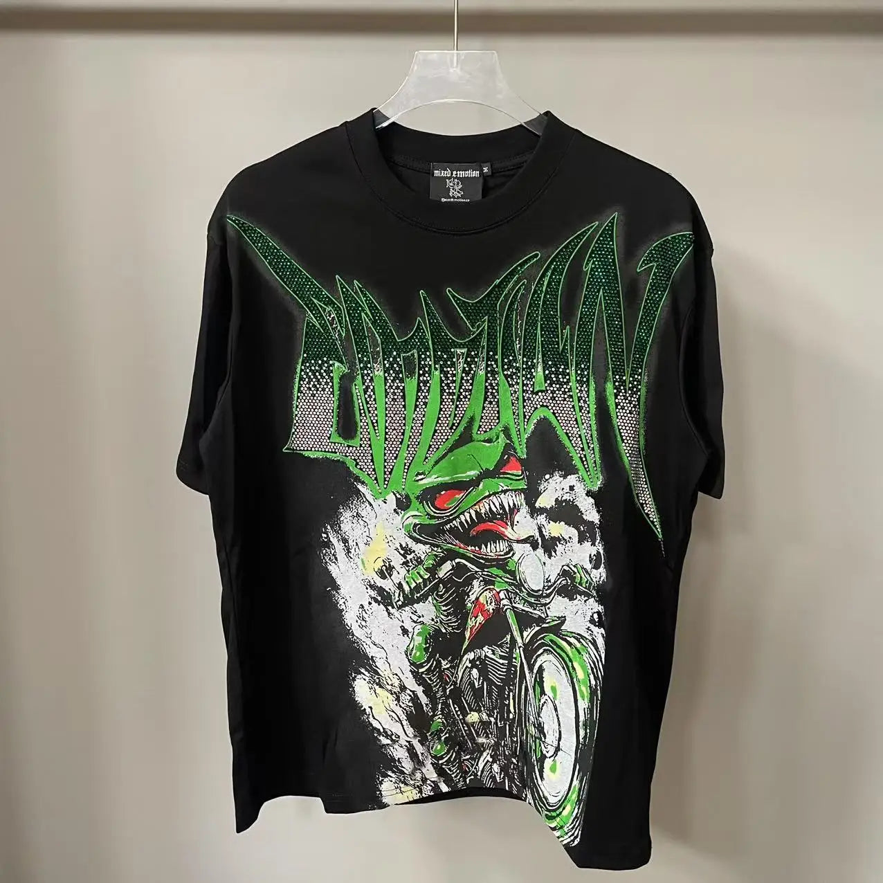 2025 Mixed Emotion Letter Rhinestone Short Sleeve Men Tshirts Streetwear Cotton Loose Crew Neck Top Tees Oversized