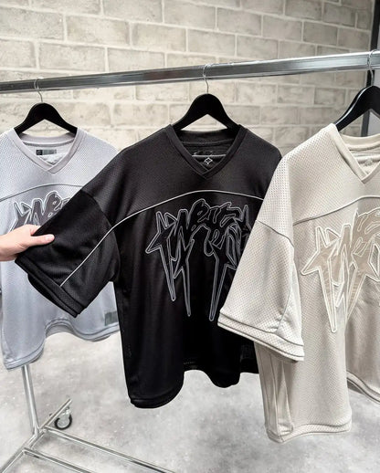 American fashion trend Gothic letter embroidery pattern oversized T-shirt men's retro loose fitting pullover short sleeved shirt
