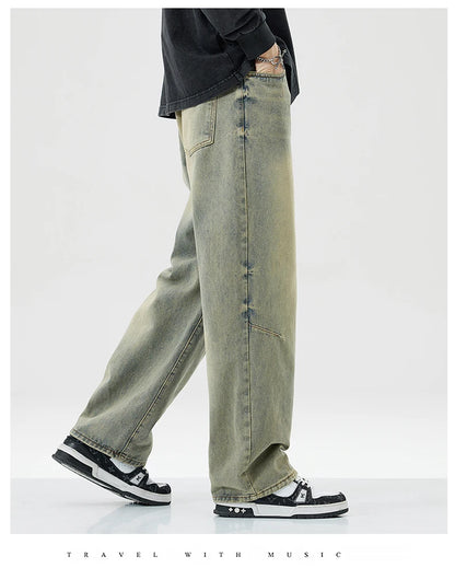 Men Women's Micro Flared Straight Leg Spring Summer American Style 2025 Clean Fit Distressed Washing Rustic Blue Versatile Jeans