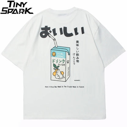 Hip Hop Tshirt 2025 Men Japanese Kanji Letter Drink Print Embroidery T Shirt Streetwear Harajuku Summer Short Sleeve T-Shirt