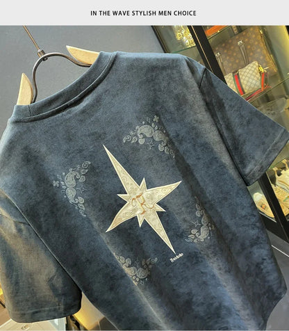 2024Summer new light luxurytt-shirt men's short-sleeved fashionable embroidered high-end loose large size casual high-density ha