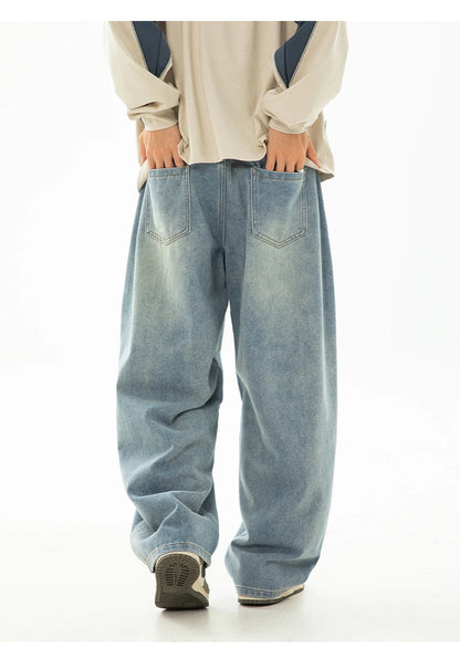 HANLU 2025 Spring New! Men's Retro Washed Oversized Jeans, Split Structure Curved Trousers from Trendy Brand, Loose and Stylish