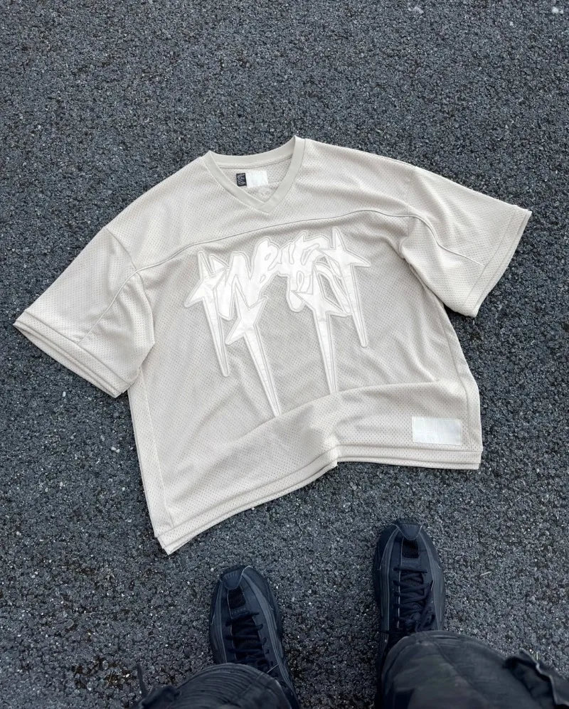 American fashion trend Gothic letter embroidery pattern oversized T-shirt men's retro loose fitting pullover short sleeved shirt