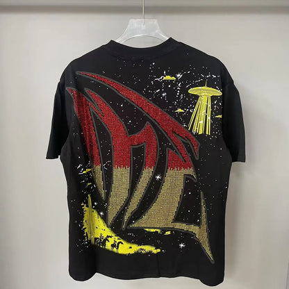 2025 Mixed Emotion Letter Rhinestone Short Sleeve Men Tshirts Streetwear Cotton Loose Crew Neck Top Tees Oversized