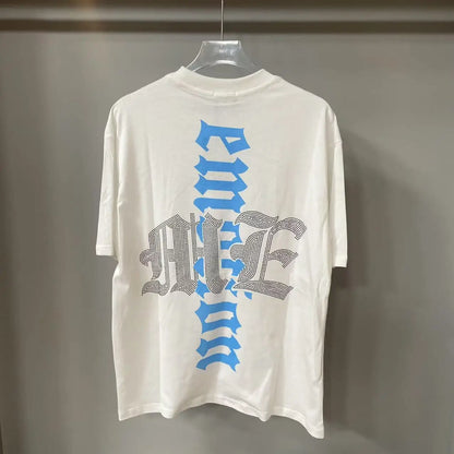 2025 Mixed Emotion Letter Rhinestone Short Sleeve Men Tshirts Streetwear Cotton Loose Crew Neck Top Tees Oversized